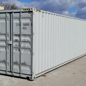 40' one trip new basic high cube storage container in light grey, side view