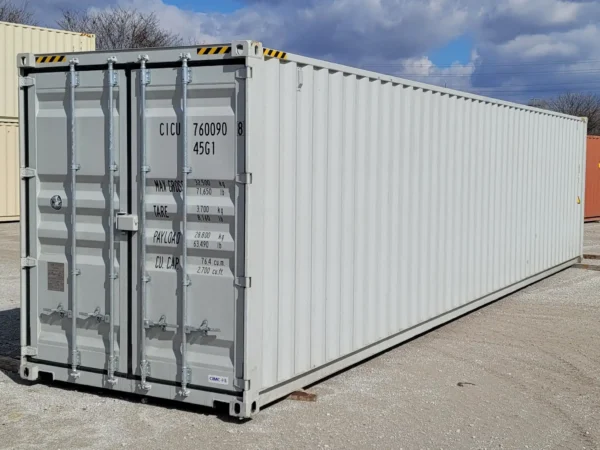 40' one trip new basic high cube storage container in light grey, side view