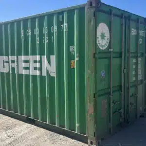 20' standard used storage container in green, front corner view